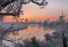 nature, winter, snow, tree, sunset, river, hoarfrost, frost wallpaper