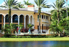 villa, palm trees, water, florida, usa, weston, city wallpaper