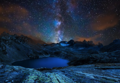 lake, mountains, sky, night, crater lake, milky way, stars, nature wallpaper