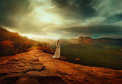 nature, mountains, rocks, women, girl, white dress, sunset wallpaper