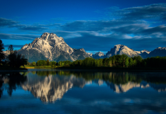 nature, mountains, lake, trees, sky, clouds, reflection wallpaper