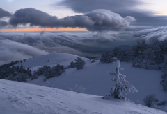 nature, landscape, crimea, hills, winter, snow, demerdzhi, trees, fir, clouds, morning, demerdzhi mountain wallpaper