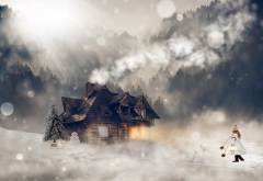 house, girl, christmas tree, snowman, blizzard, art, christmas, holidays wallpaper