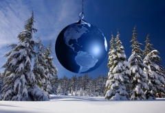 fir, snow, toy, globe, sky, new year, christmas, holidays, nature, winter wallpaper