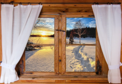 window, curtains, landscape, winter, snow wallpaper
