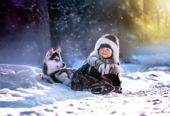 boy, snow, winter forest, puppy, husky, animals, dog, winter wallpaper