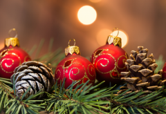 holidays, new year, christmas, branch, spruce, needles, toys, balls, cones, bokeh, christmas tree wallpaper