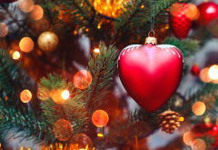 holidays, new year, christmas, spruce, heart, bokeh, cones, fur wallpaper