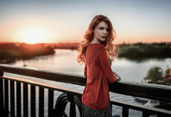 women, redhead, sweater, open sweater, dress, bridge, depth of field, sunset, river, long hair wallpaper