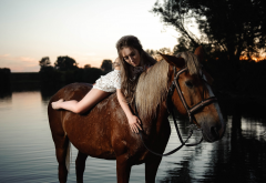 women, girl, outdoors, river, evening, riding a horse, horse wallpaper