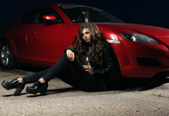 mazda, women cars, red car, jeans, brunette wallpaper