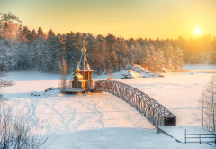 nature, winter, snow, forest, river, vuoksa, church, bridge, sun wallpaper