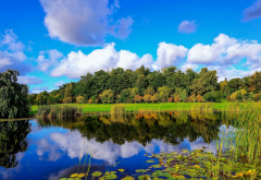 nature, autumn, lake, trees, sky, clouds, reflection wallpaper