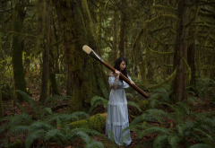 girl, forest, brush, women, white dress, photo, creative wallpaper