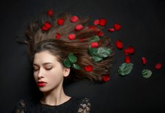 red lipstick, leaves, face, makeup, portrait, model, closed eyes, women, petals wallpaper
