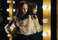 reflection, women, model, lightbulb, mirror, lights, blouse wallpaper