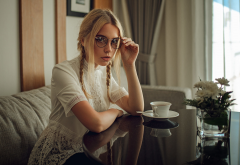 ksenia kokoreva, women, glasses, blonde, model, cup, table wallpaper
