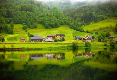 forest, river, reflection, norway, village, nature, fog wallpaper