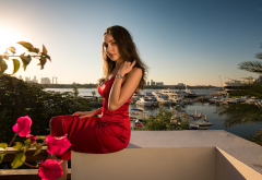 women, model, brunette, red dress, yacht, palm wallpaper