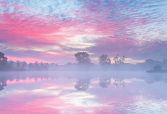 sky, river, sunrise, reflection, morning, haze wallpaper