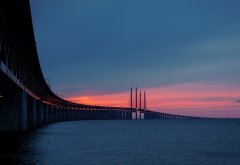 nature, landscape, sea, water, horizon, Sweden, bridge, road, pillars, architecture, sunset, clouds wallpaper