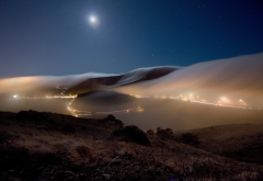 night, hills, road, fog, sky, moon, night, nature wallpaper
