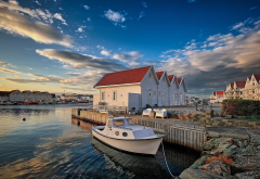 boat, pier, house, bay, sky, norway, nature, akrehamn wallpaper