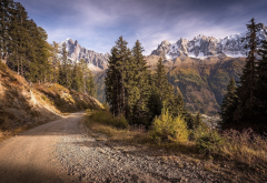 road, tree, cliff, snow-capped mountains, mountains, nature wallpaper