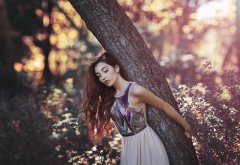 girl, wood, long hair, dress, summer wallpaper