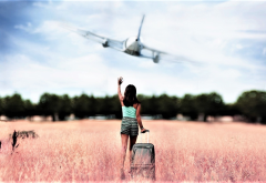 girl, women, aircraft, bag, plane, brunette, field wallpaper