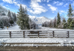 road, snow, tree, mountains, sky, winter, bridge, nature wallpaper