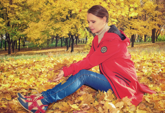 autumn, park, women, sitting, trees, jacket, leaves, leaf wallpaper