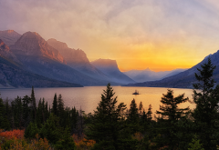 saint mary lake, montana, mountains, lake, sunset, landscape, glacier national park, fir, nature wallpaper