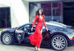 bugatti, red dress, cars, brunette, women, asian wallpaper