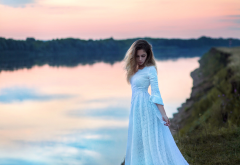 women, river, dress, white dress, sunset wallpaper