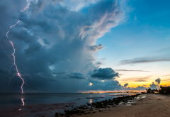 sky, clouds, lightning, beach, ocean, thunderstorm, nature wallpaper
