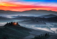 field, hills, sky, horizon, sunset, farm, light, tuscany, italy, nature wallpaper