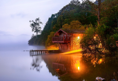 lake, house, pier, fog, light, reflection, england, alswater, nature wallpaper
