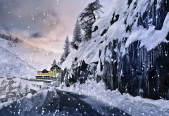 nature, winter, snow, mountains, road, houses wallpaper