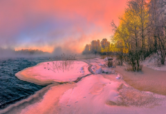 nature, landscape, winter, river, snow, trees, steam, sunset wallpaper