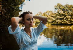 model, women, white shirt, lake, pond wallpaper