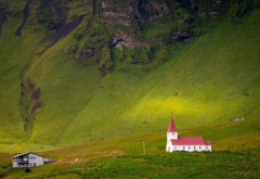 grassland, iceland, church, nature, mountains wallpaper