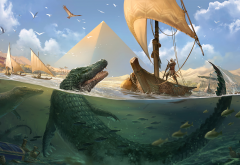 the crocodiles jaws, assassins creed origins, video games, assassins creed, egypt, boat, crocodile wallpaper