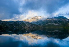 mountains, lake, reflection, clouds wallpaper