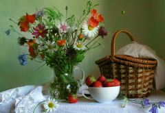 flowers, cosiness, table, basket, fruits, strawberry wallpaper