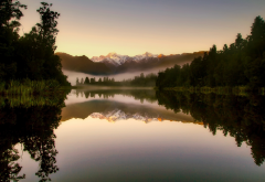 new zealand, nature, landscape, mountains, lake, forest, morning, fog, reflection wallpaper