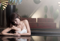 cleavage, asian, women, model, bare shoulders, wet wallpaper