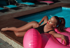 women, inflatable chair, tanned, red lipstick, swimming pool, outdoors, closed eyes, swimsuit, model, legs wallpaper
