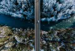 nature, winter, forest, river, road, car, bridge wallpaper