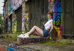 women, model, crop top, jeans shorts, sitting, converse, graffiti, legs wallpaper